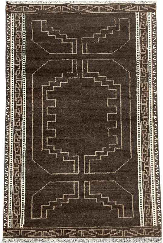 Geometric Patterned Dark Brown Hand Tufted Wool Rug with Borders