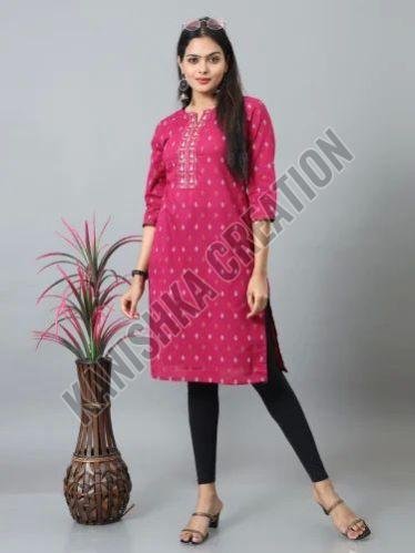 Ladies Pink Cotton Printed Kurti