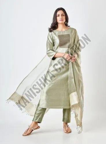 Pista Green Pure Tussar Silk Handloom Suit