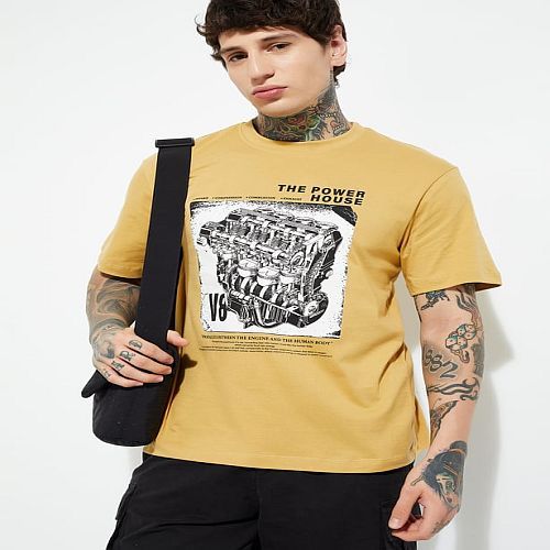 Mens Mustard Round Neck Cotton Printed T-Shirt