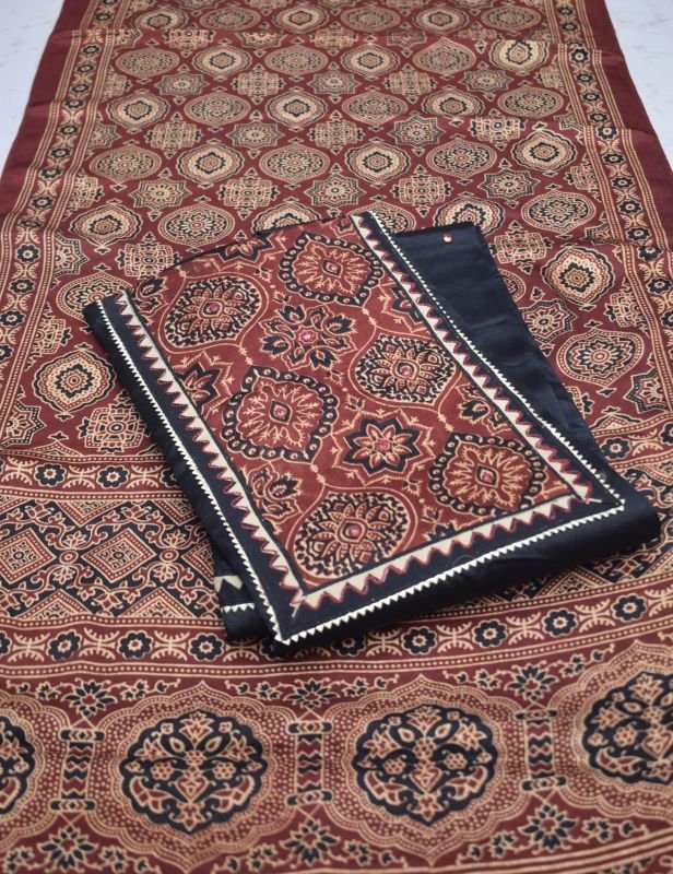 Pure Gajji Silk Ajrakh Hand Block Printed Dress Material