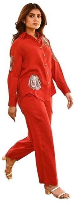 Cotton Tunic & Straight Office Wear Collar-neck Full Sleeves Suit Trouser and Top Set for Women