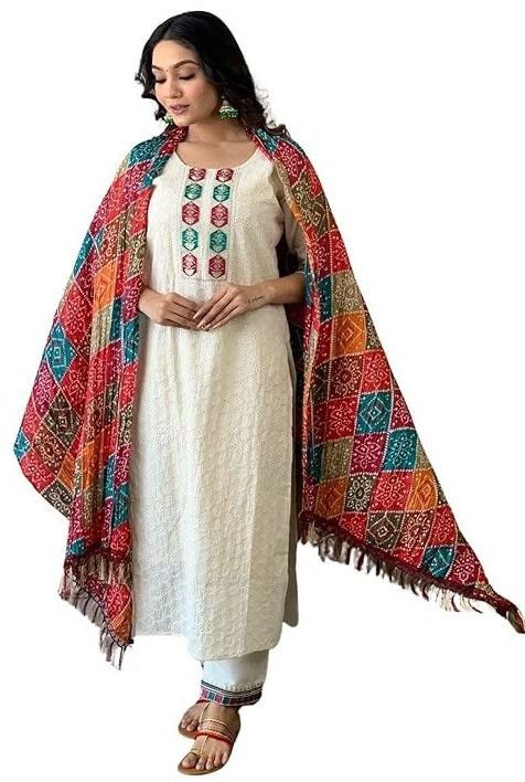 Women\'s Cotton Chikankari Print Straight Kurti with Pant Andmulmul Dupatta Set