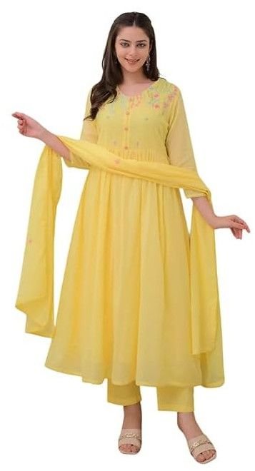 Women\'s Cotton Embroidered Anarkali Kurti with Pant and Dupatta Set