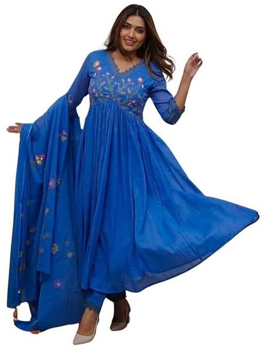 Women\'s Cotton Embroidered Long Anarkali Kurti with Pant and Dupatta Set