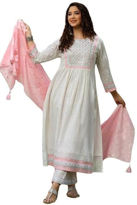 Women\'s Cotton Embroidered Nayra Cut Kurti with Pant and Dupatta Set
