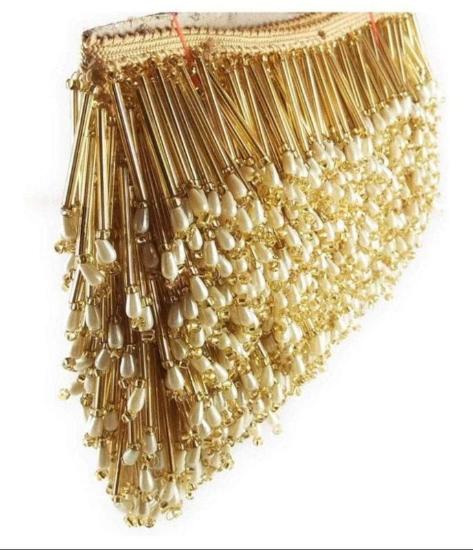 Golden Tube and Pearl Drop Beaded Fringe Lace Trim
