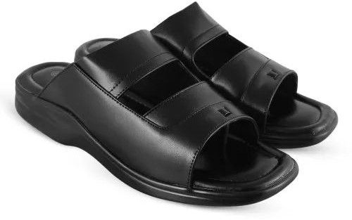 Mens Black Leather Open Toe Slipper
