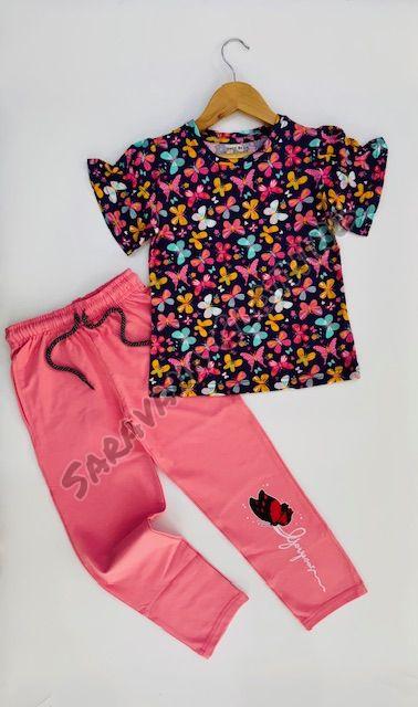Girls Butterfly Print T-shirt & Pink Pajama Set