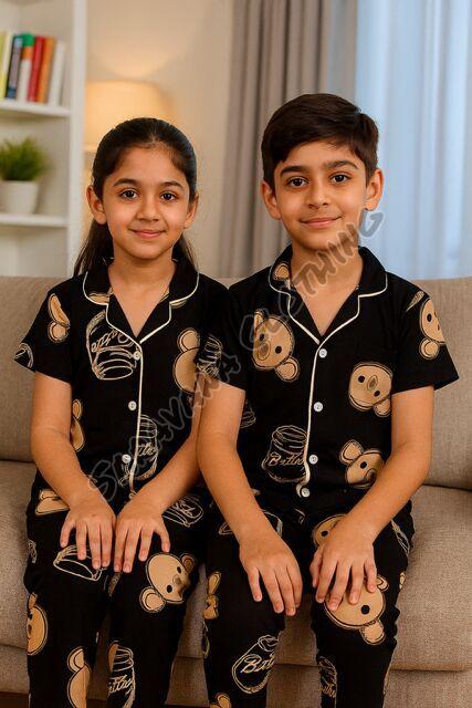 Unisex Black Teddy Bear Print Pajama Set