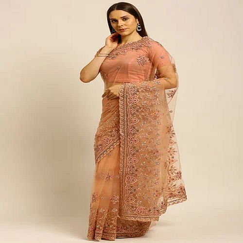 Festive Wear Peach Embroidered Net Saree