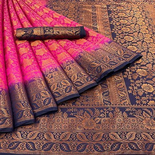 Festive Wear Weaving Pink Banarasi Cotton Silk Saree