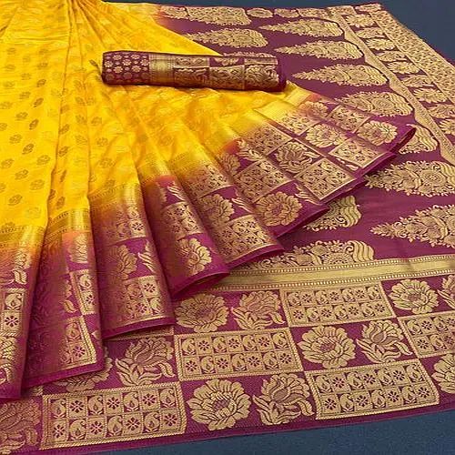 Festive Wear Yellow Banarasi Cotton Silk Saree