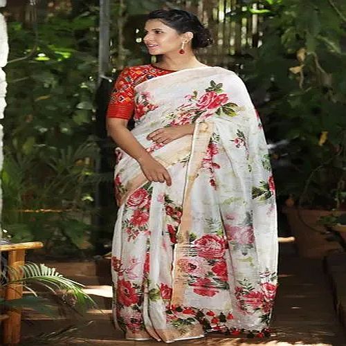 Linen Floral Print Saree
