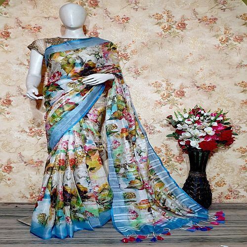 Multicolor Linen Printed Saree