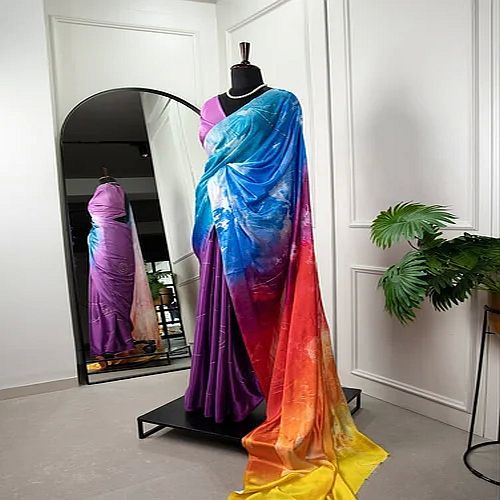 Multicolor Satin Silk Printed Saree