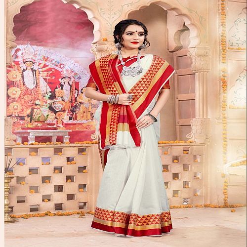 White and Red Border Bengali Tant Saree