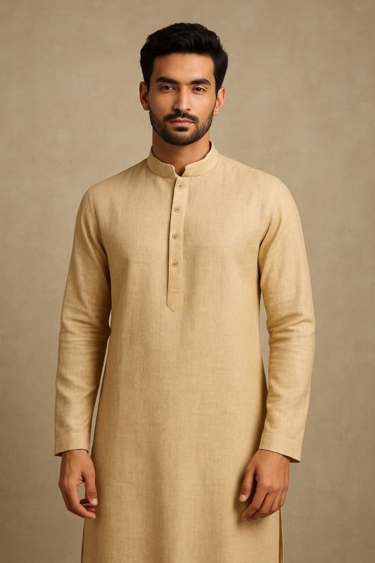 Mens Cotton Blend Beige Textured Kurta with Band Collar