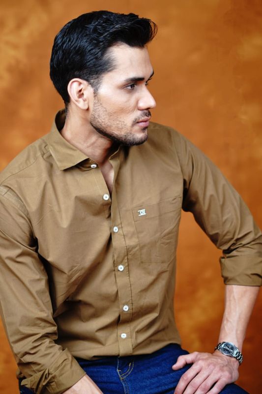 Mens Cotton Blend Brown Casual Emblem Shirt