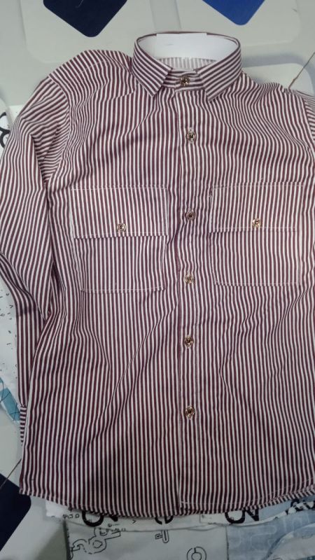 Mens Cotton Blend Maroon White Stripe Shirt with Stand Collar