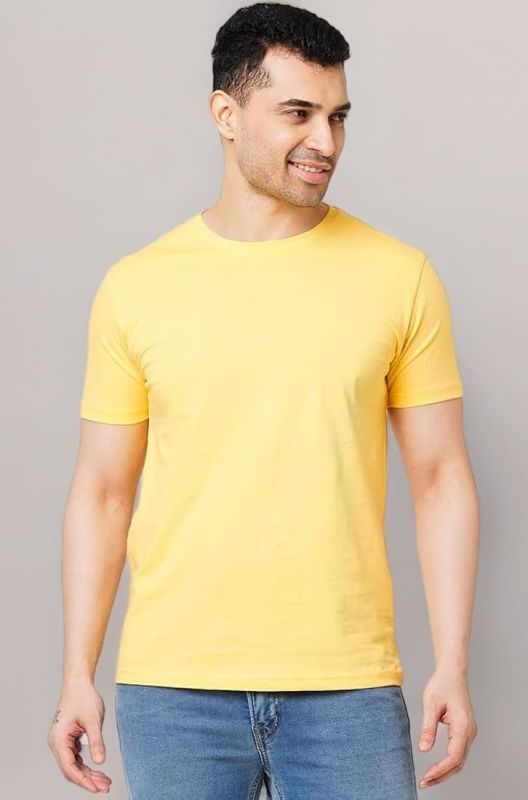 Mens Cotton Blend Yellow Crew Neck T-Shirt
