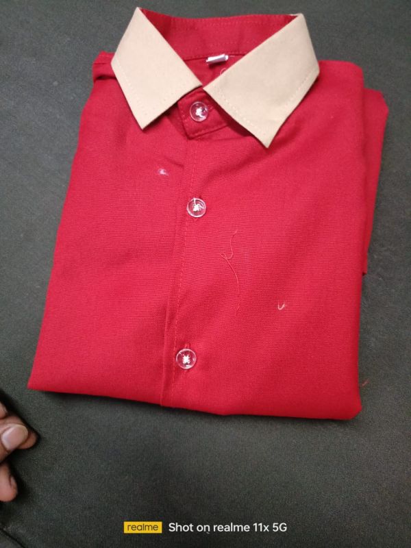 Womens Red Buttoned Workwear Dress with Beige Contrast