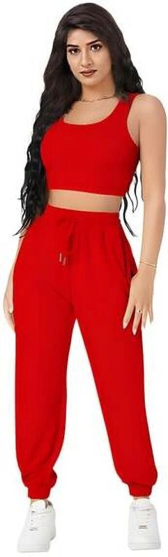 Ladies Red Crop Top & Joggers Set
