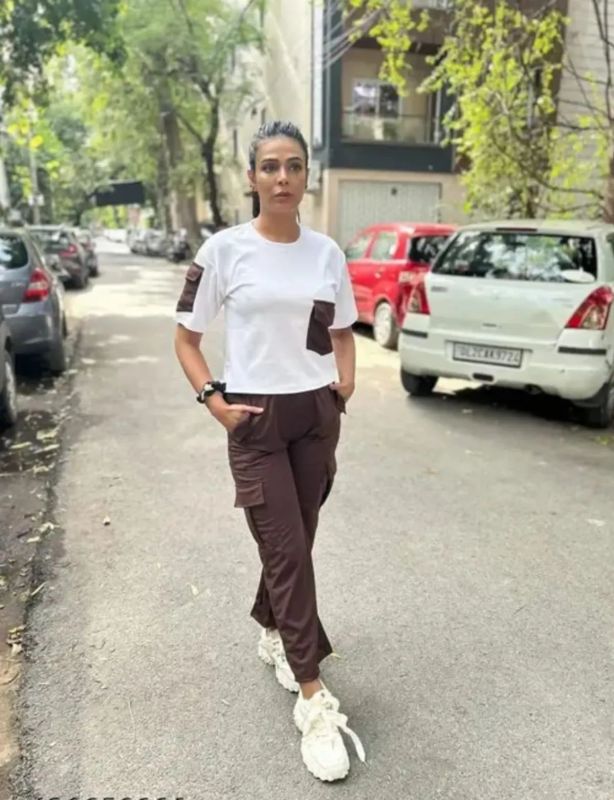 Ladies White & Brown Polyester Co-Ord Set