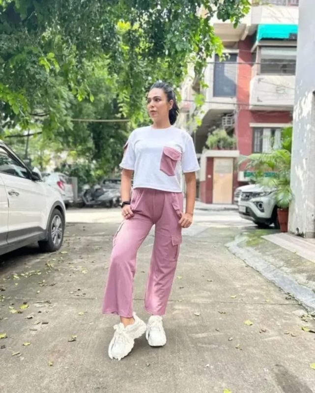 Ladies White & Link Pink Polyester Co-Ord Set