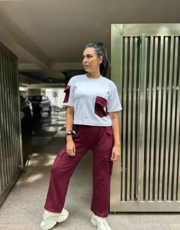 Ladies White & Maroon Polyester Co-Ord Set