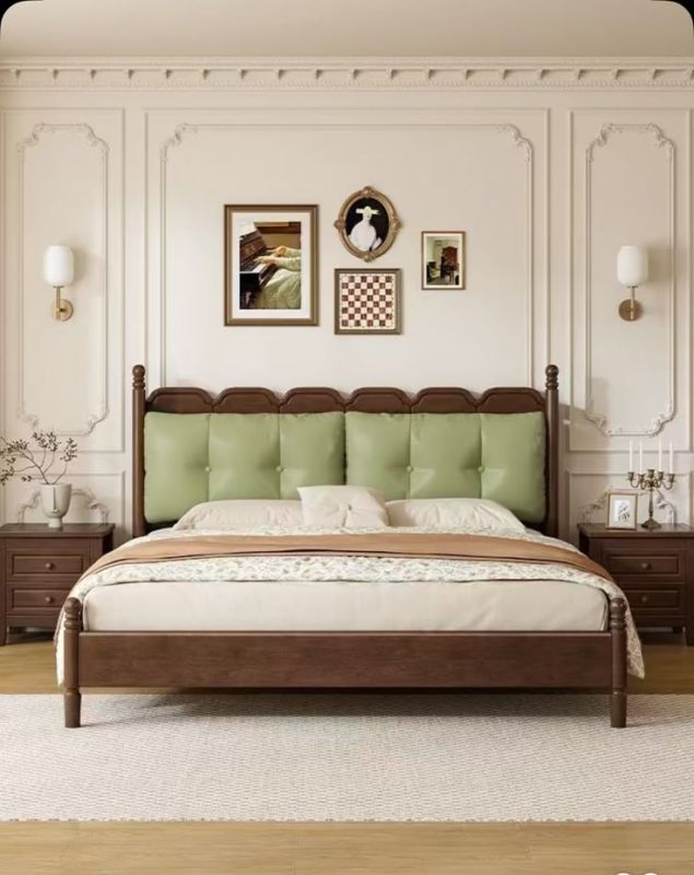Elegant Wooden Bed with Upholstered Headboard