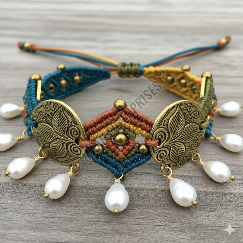 Bohemian Brass & Thread Bracelet with Pearl Drops