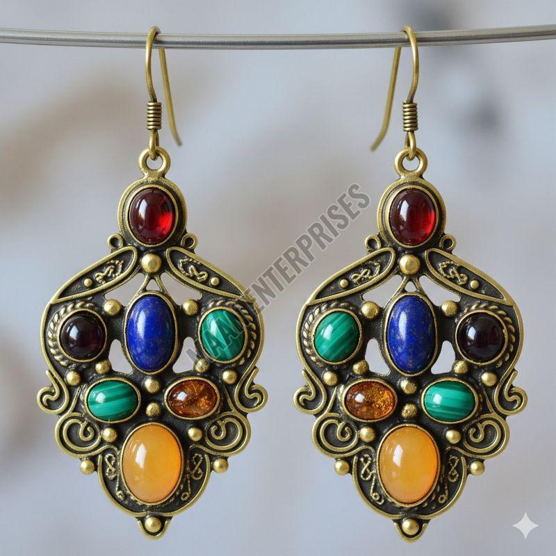 Brass Earrings with Colored Stones