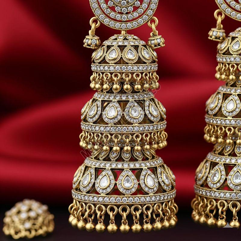 Heavy Bridal Brass Jhumkas with Artificial Diamonds