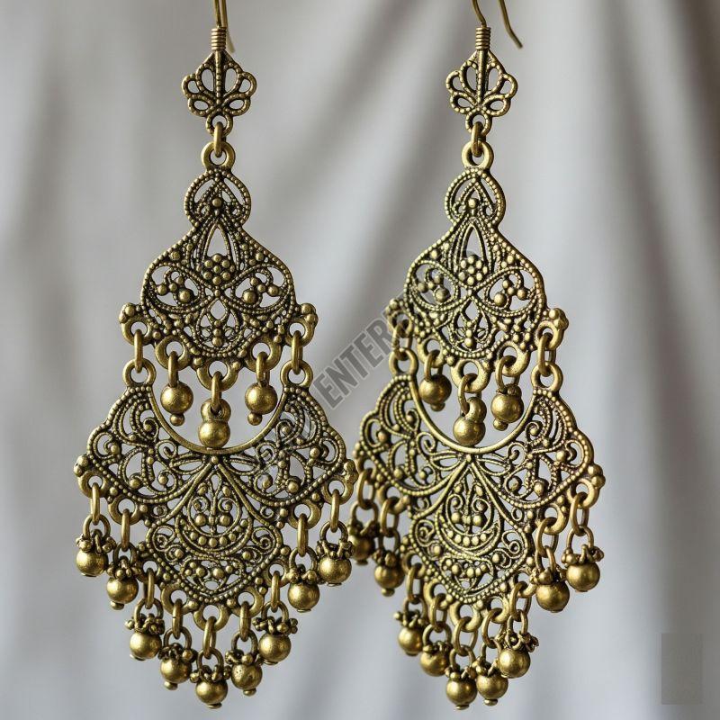 Intricately Carved Brass Chandelier Earrings