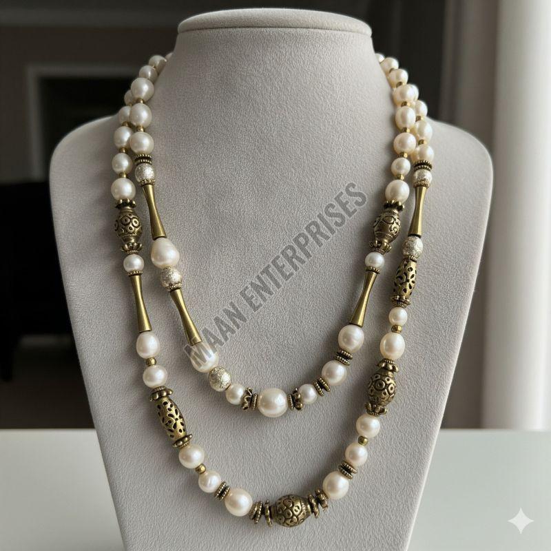 Long Pearl & Brass Beaded Necklace