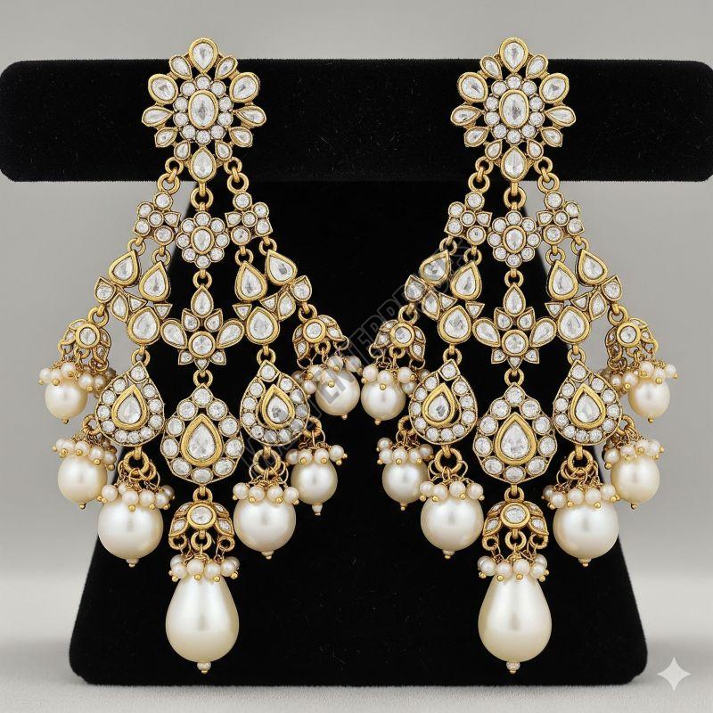 Luxury Polki Style & Pearl Drop Chandelier Earrings