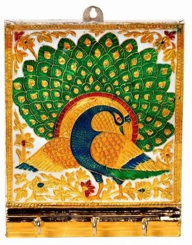 Big Handcrafted Wooden Meenakari Peacock Wall Mounted Key Holder