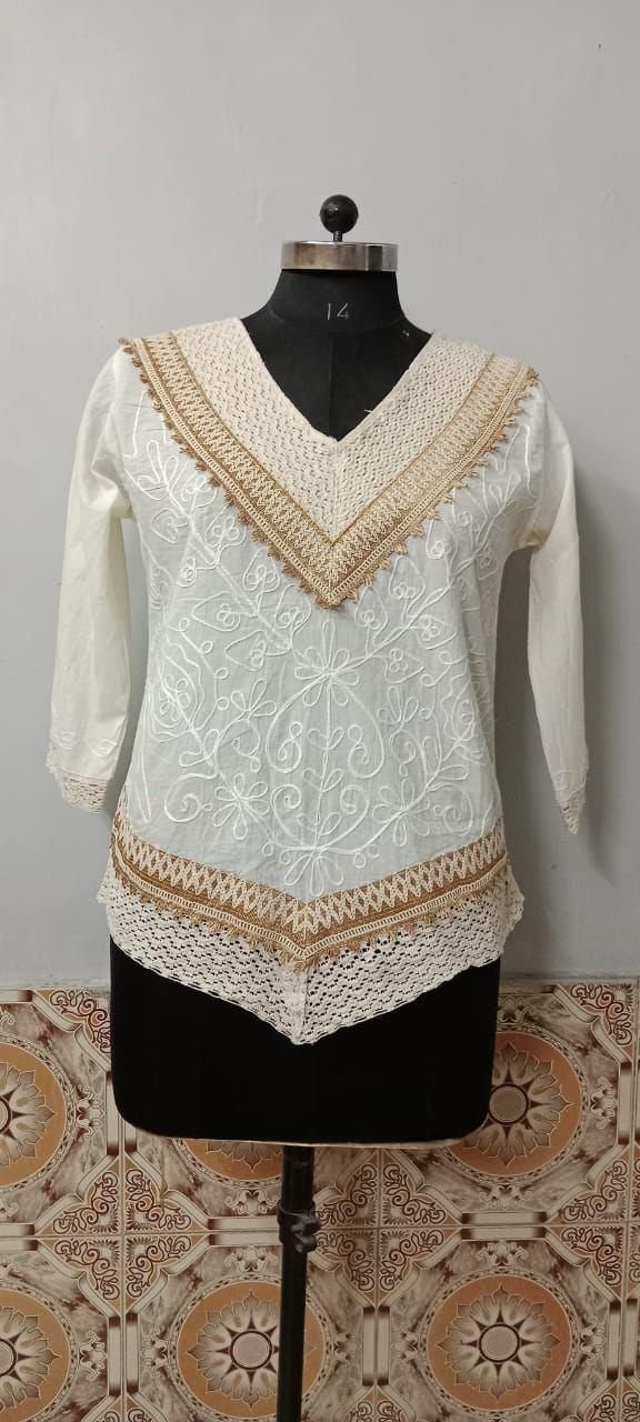 White Jute V Neck Embroidered Short Kurti