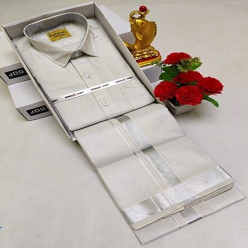 Silver White Cotton Shirt And Dhoti Matching Set
