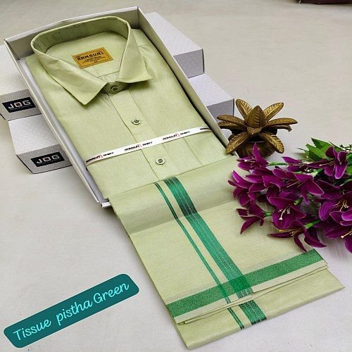 Tissue Pista Green Shirt And Dhoti Matching Set