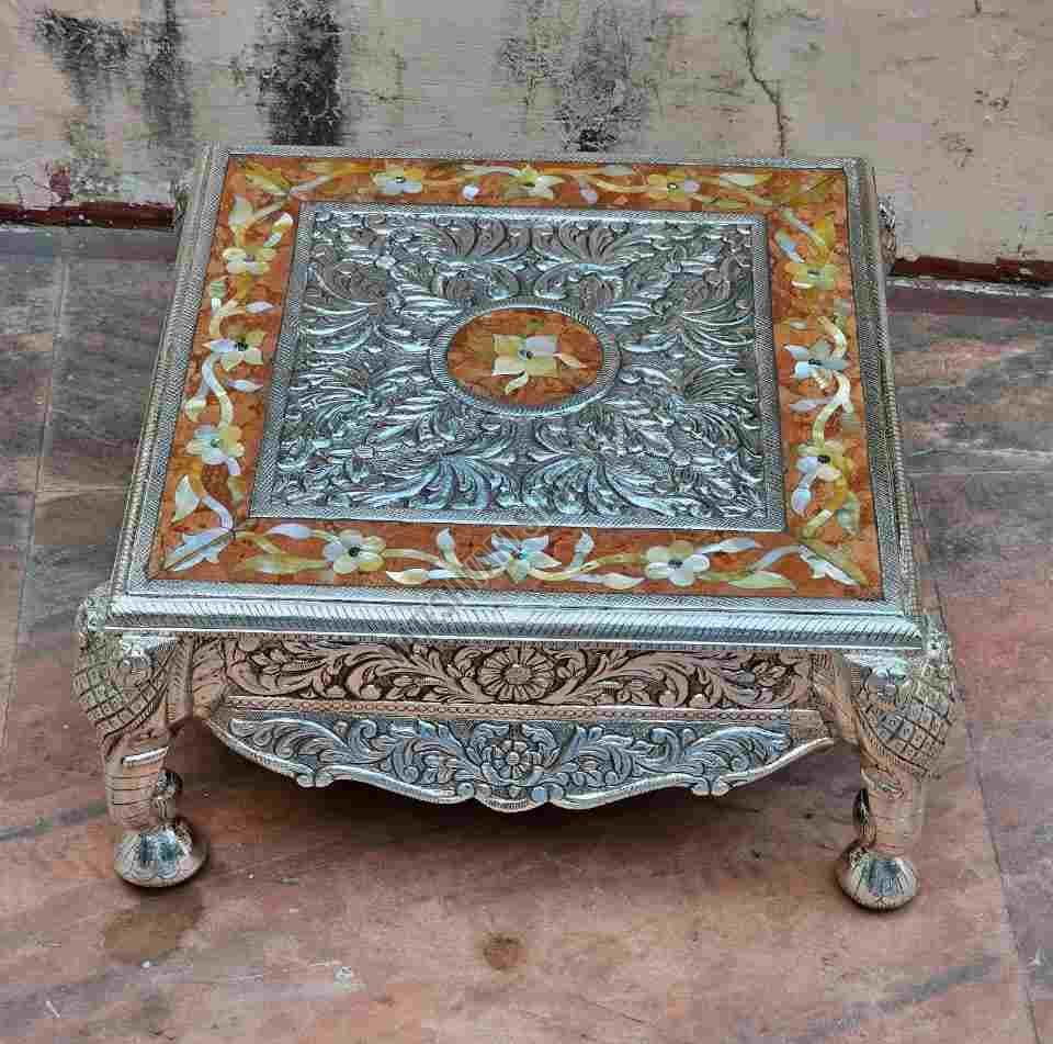 Elegant Silver Plated Wooden Pooja Chowki