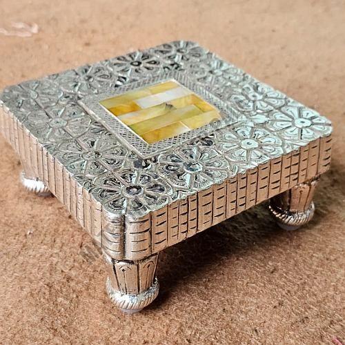 Silver Plated Teak Wood Pooja Chowki
