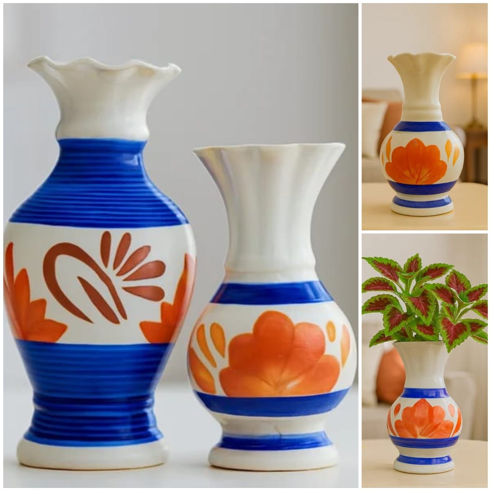 Decorated Blue & Orange Ceramic Flower Vases