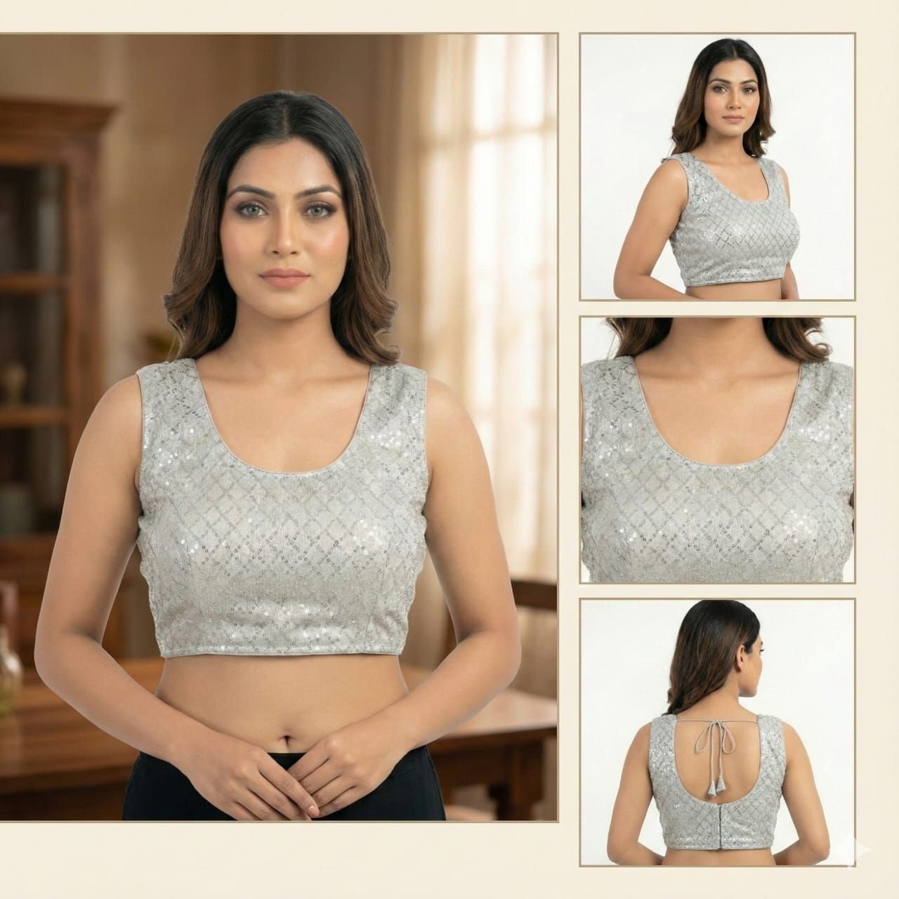 Ladies Silver Sequin Back Tie Blouse