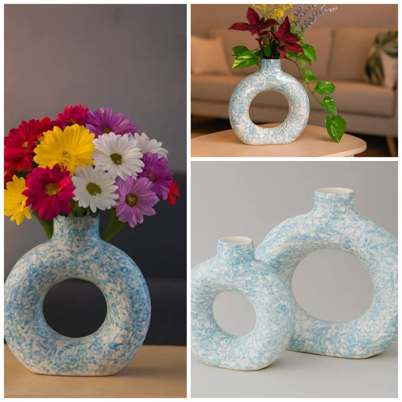 Sky Blue Ring Shape Ceramic Flower Vase Set
