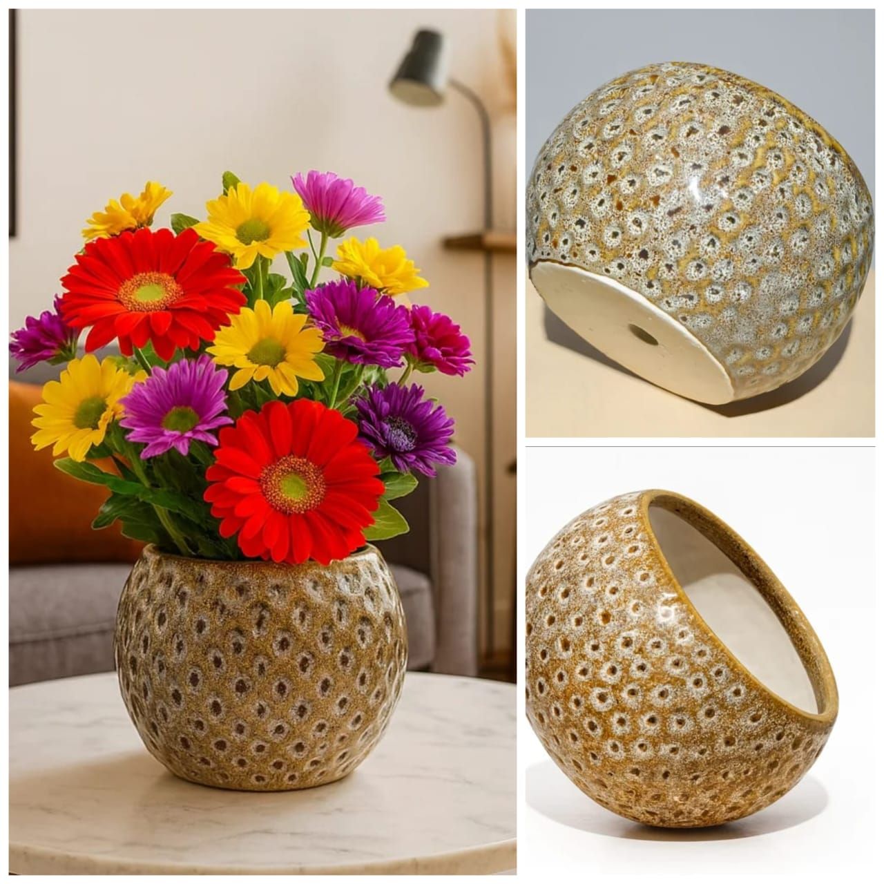 Textured Round Ceramic Flower Planter