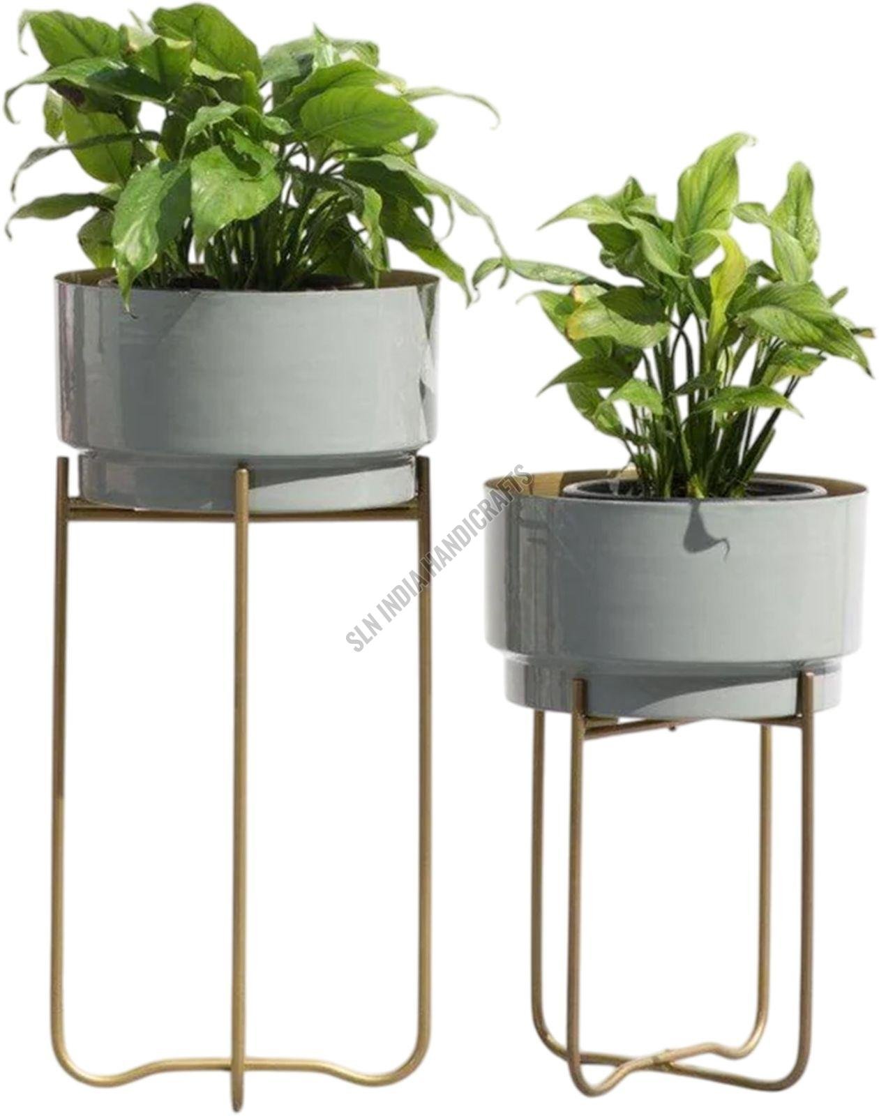 Indoor Metal Golden Planter Stand with Grey Round Pot