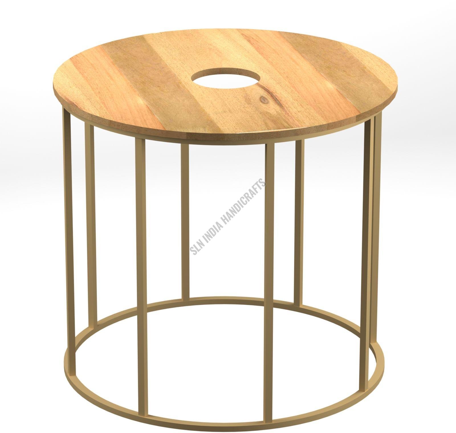 Round Metal Side Table with Wood Top