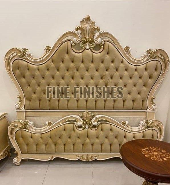 Royal Button Tufted Hand Carved Wooden Bed